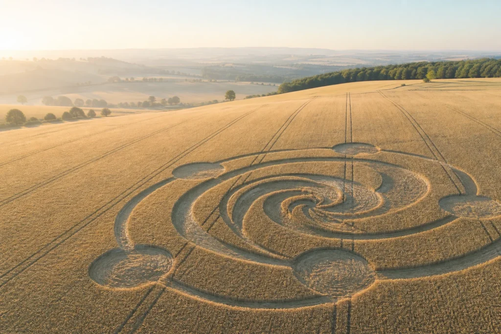 Große spiralförmige Kornkreisformation in einem hellen englischen Getreidefeld am frühen Morgen.