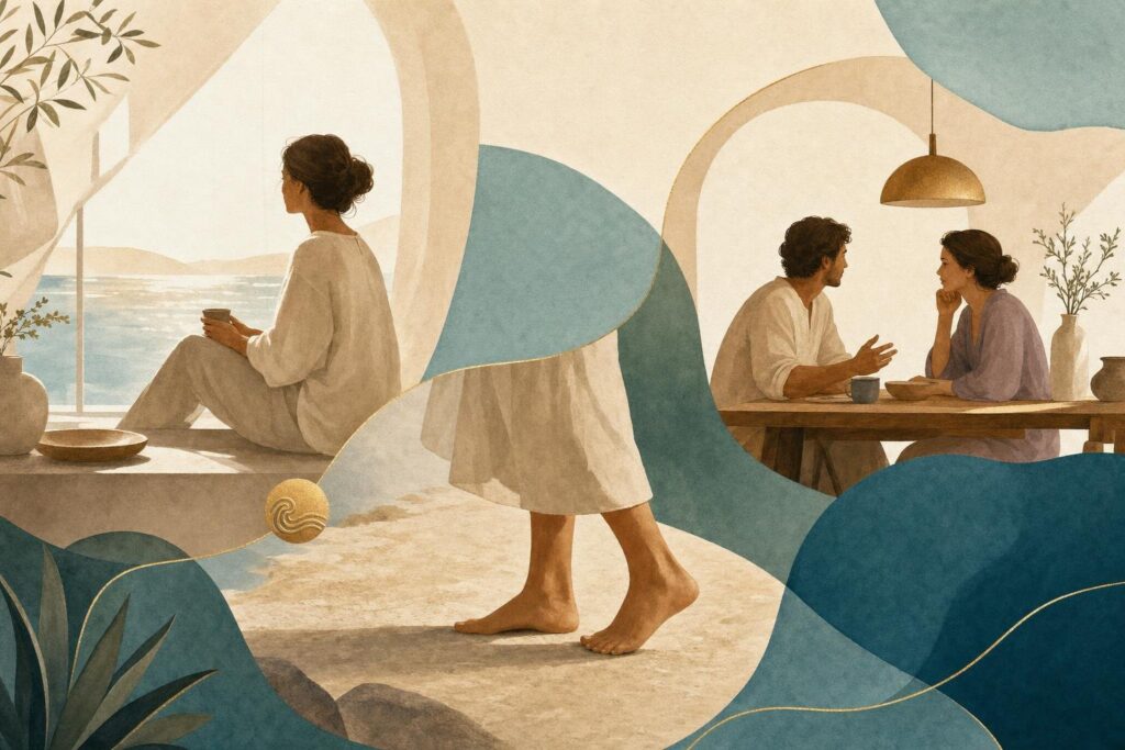 Illustration verbindet einen stillen Moment mit Bodenkontakt und einem persönlichen Gespräch im Alltag.