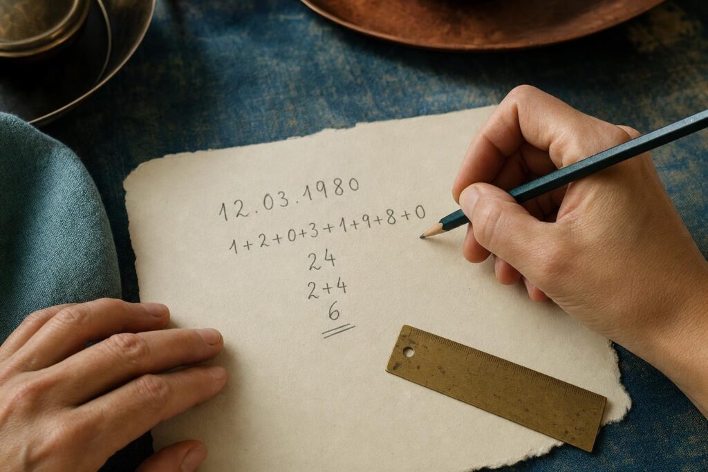 Hände berechnen die Lebenszahl aus dem Geburtsdatum 12.03.1980 über die Quersumme 24 bis zur 6.