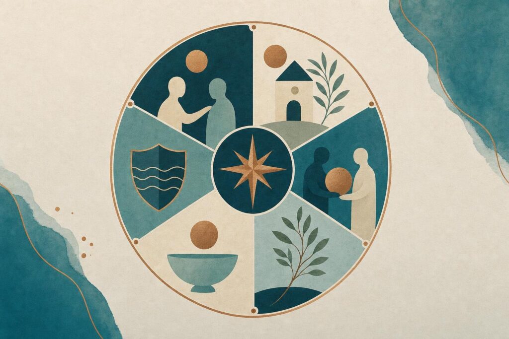 Illustration eines sechsteiligen Fürsorge-Kompasses mit Motiven für Nähe, Zuhause, Verantwortung, Grenzen, Empfangen und Wachstum.