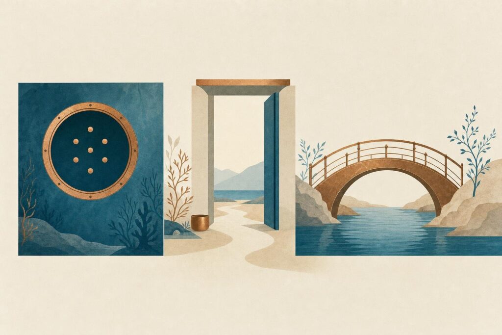 Illustration der drei Stationen Beobachtung, Schwelle und Brücke als Weg durch die Symbolik der Lebenszahl 7