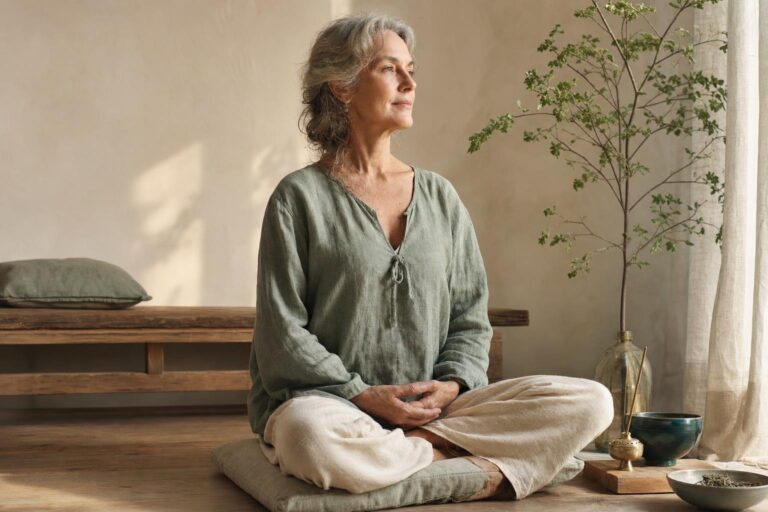 Eine erwachsene Person beginnt in einem ruhig beleuchteten Raum eine Mantra-Meditation.