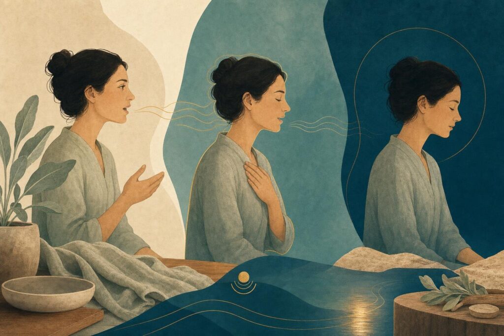 Illustration der drei Stufen einer Mantra-Meditation von hörbarer Stimme bis zur inneren Wiederholung.