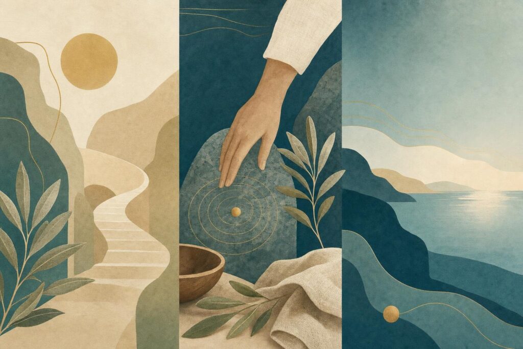Illustration der drei Wahrnehmungsspuren über Weg, Berührung und offene Landschaft.