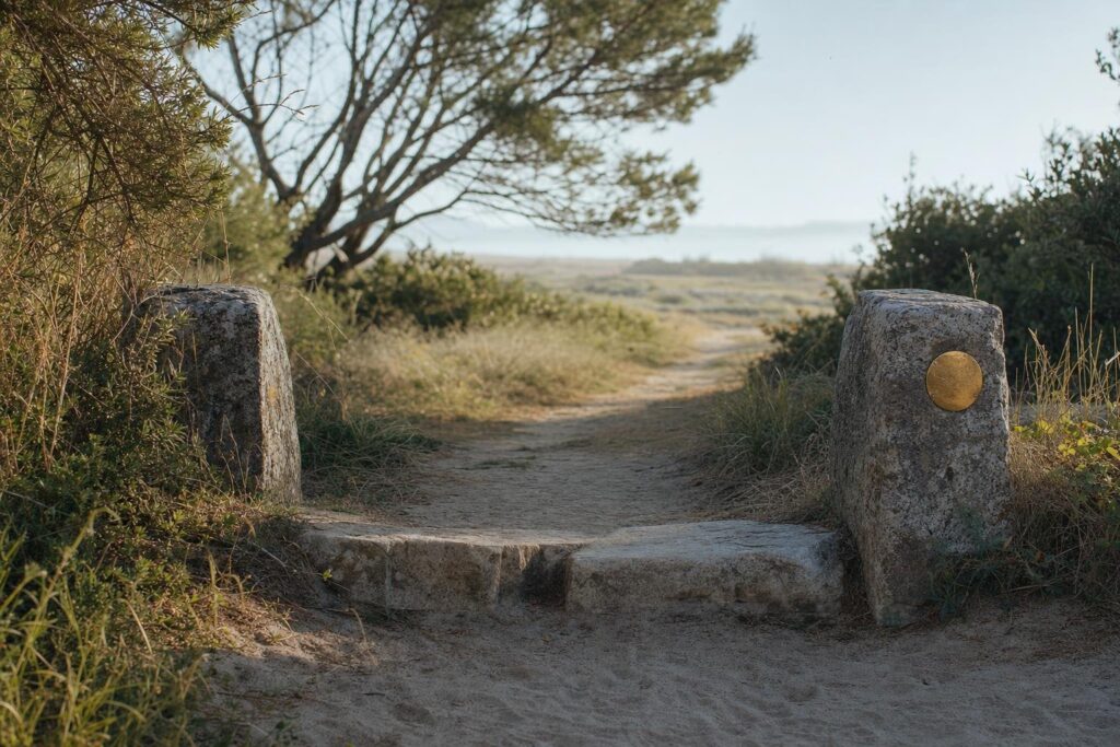 Stiller Naturweg führt über eine verwitterte Steinschwelle in eine offene Landschaft.