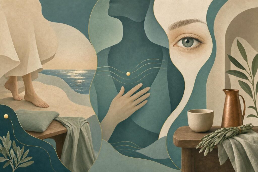 Illustration der Meditationsabfolge vom Bodenkontakt über den Atem bis zur Orientierung im Raum.
