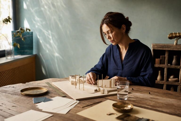 Eine Frau ordnet in einem hellen Atelier Bauteile eines kleinen Modells und übersetzt damit eine Idee in eine konkrete Form.
