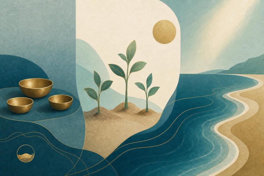 Illustration mit drei Schalen, drei geschützten Pflanzen und einer Küstenlinie als Symbol für Gaben, Bedürfnisse und Grenzen.