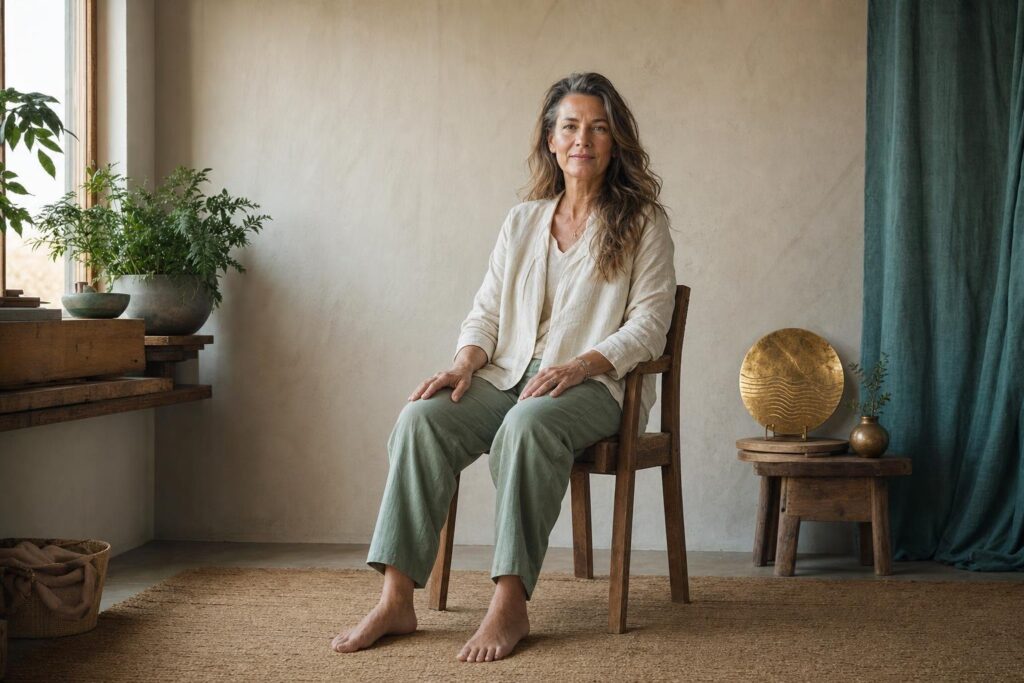 Aufrechte Sitzhaltung für die Morgenmeditation mit beiden Füßen am Boden und locker abgelegten Händen.