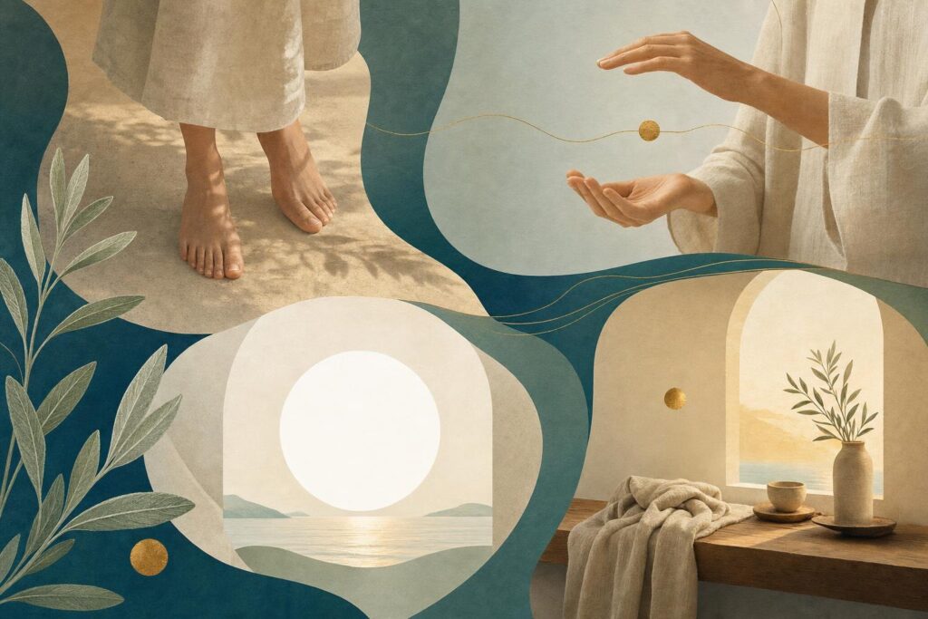 Illustration der kurzen Morgenmeditation mit Bodenkontakt, Atem, Tagesintention und Fensterlicht.