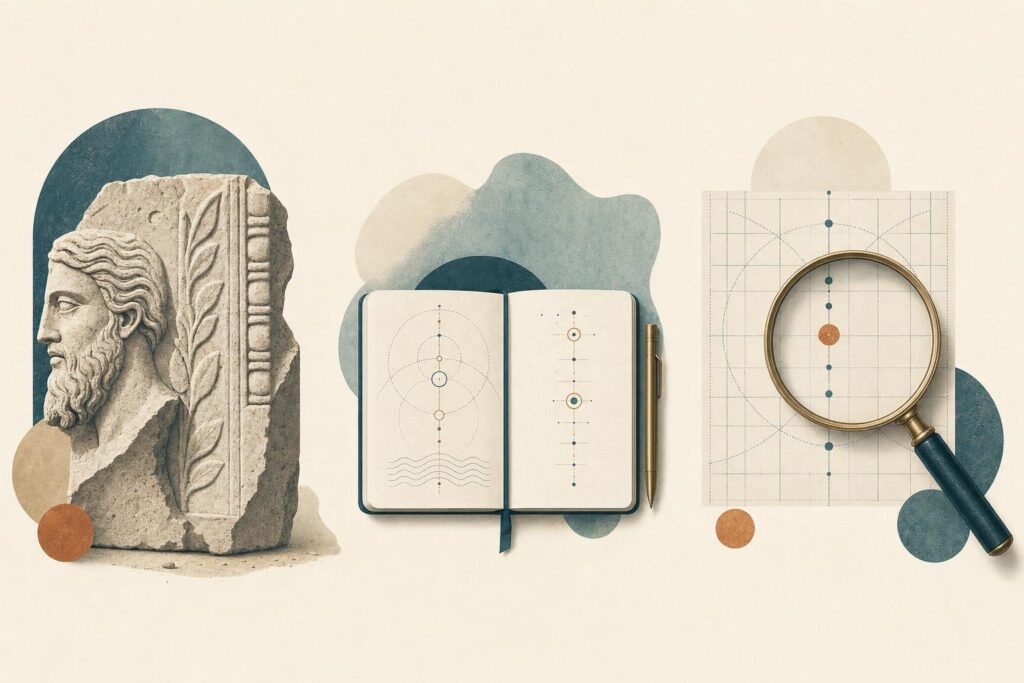 Illustration mit Steinrelief, Notizbuch und Lupe für Überlieferung, moderne Praxis und überprüfbare Aussage.
