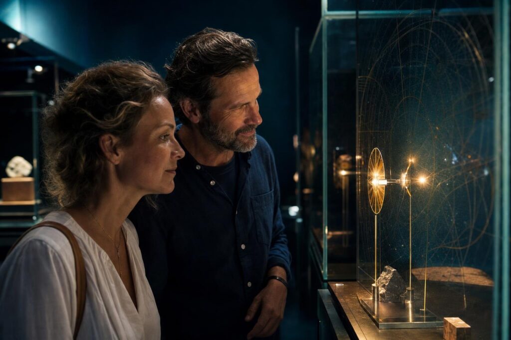 Zwei Menschen betrachten in einem dunklen Wissenschaftsmuseum zwei goldene Lichtpunkte in einer gläsernen Installation.