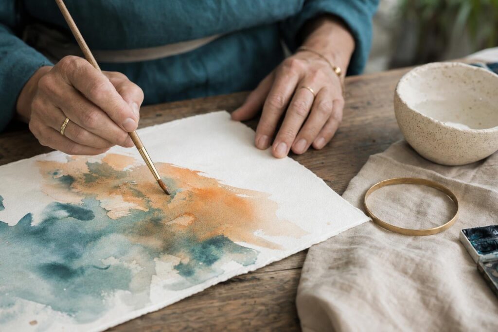 Hände gestalten ohne Vorlage orangefarbene und petrolblaue Formen mit Aquarellfarbe.