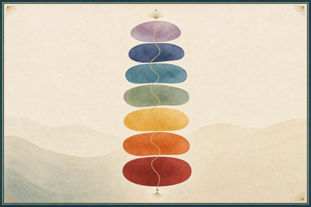 Sieben gedämpfte Chakra-Farben von Rot bis Violett, verbunden durch eine feine goldene Linie.