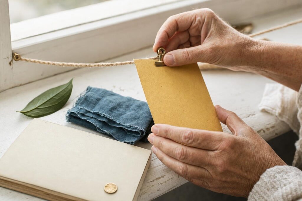 Hände befestigen eine gelbe Farbkarte neben einem Blatt und einem blauen Stoff als achtsame Alltagsanker.