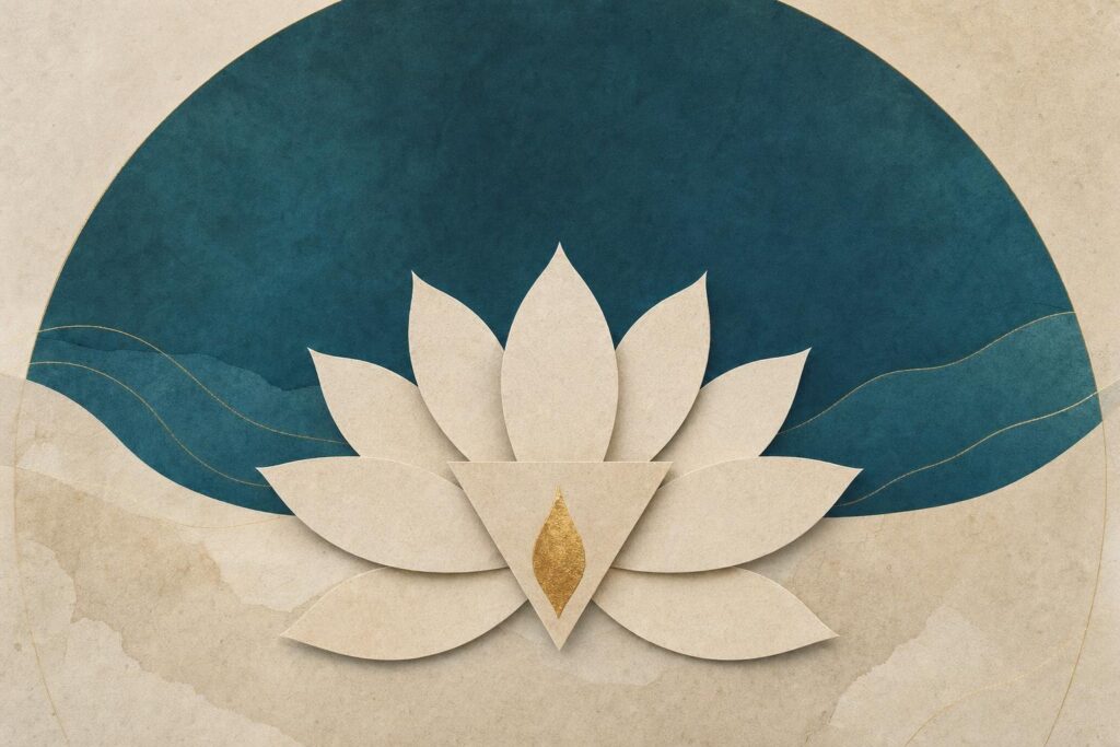 Reduzierte Illustration eines zehnblättrigen Lotus mit Dreieck und goldener Feuerform