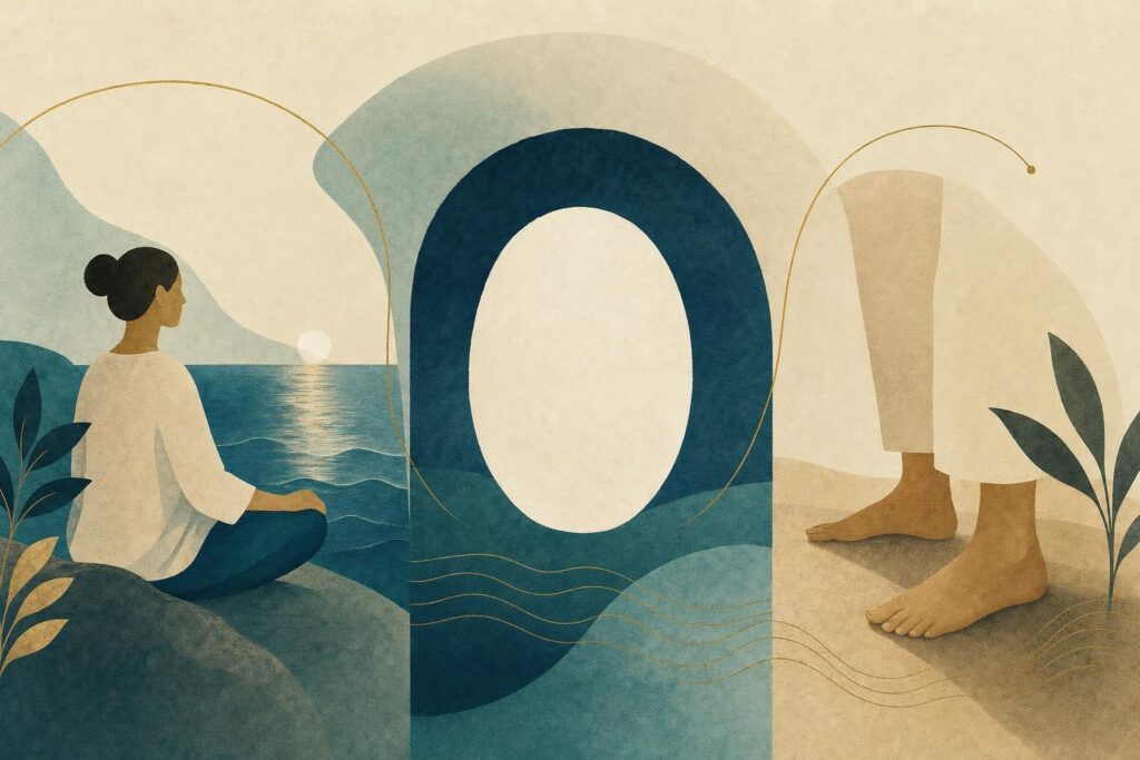 Illustration einer ruhigen Visualisierung von gesammelter Aufmerksamkeit bis zur bewussten Erdung über die Füße.