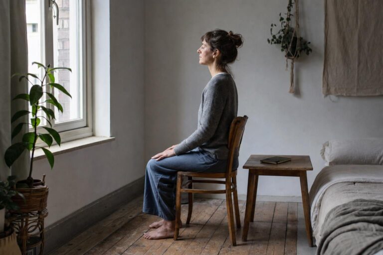 Erwachsene Person sitzt mit beiden Füßen bewusst auf einem Holzboden und übt eine ruhige Erdungsroutine.