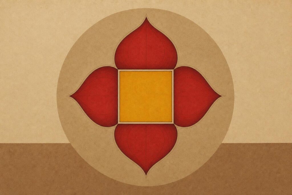Redaktionelle Darstellung eines vierblättrigen karminroten Lotus mit gelbem Quadrat als Symbole von Muladhara.