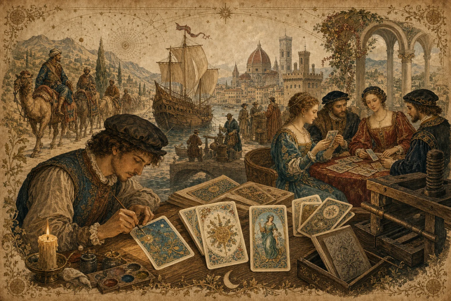 Illustrierte Reise früher Spielkarten über Handelswege in die Werkstätten und Höfe Europas