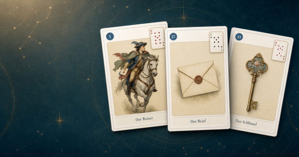 Lenormand-Kombinationen mit Reiter, Brief und Schlüssel