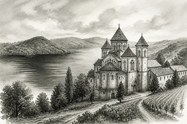 Schwarz-weiße Illustration: Abtei Maria Laach