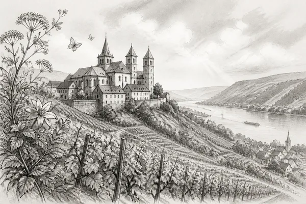 Schwarz-weiße Illustration: Abtei St. Hildegard über dem Rhein