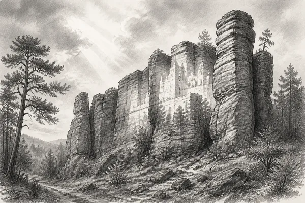 Schwarz-weiße Illustration: Altschlossfelsen