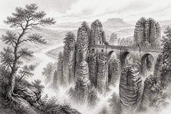Schwarz-weiße Illustration: Die Bastei in der Sächsischen Schweiz