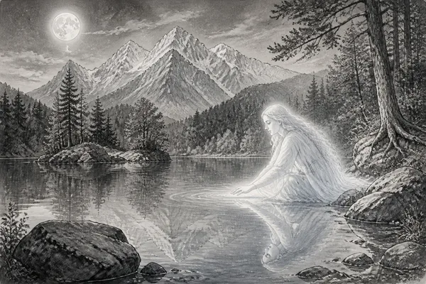 Schwarz-weiße Illustration: Die blaue Lichtfrau am Hintersee