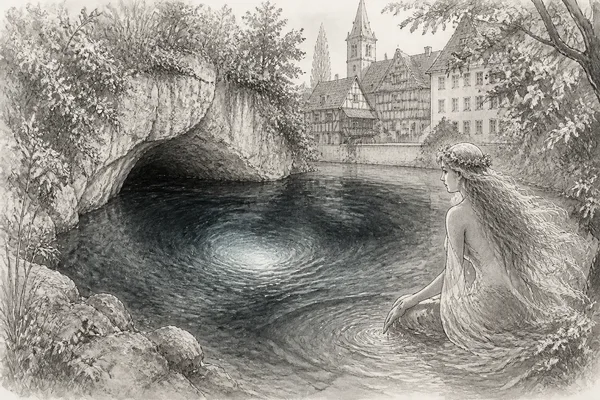 Schwarz-weiße Illustration: Der Blautopf von Blaubeuren