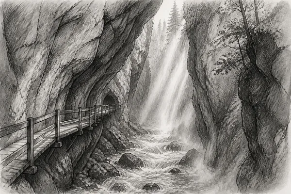 Schwarz-weiße Illustration: Breitachklamm