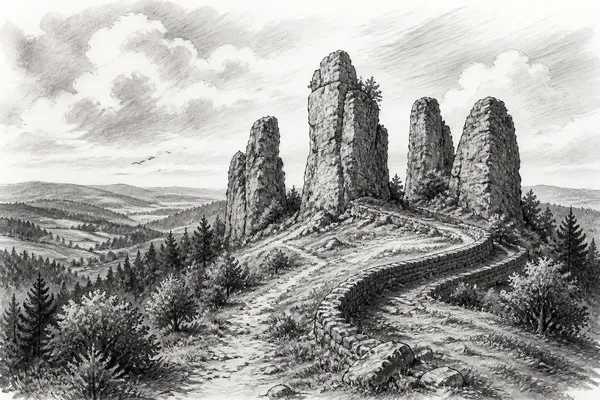 Schwarz-weiße Illustration: Bruchhauser Steine