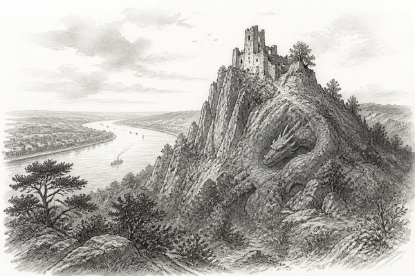 Schwarz-weiße Illustration: Drachenfels im Siebengebirge