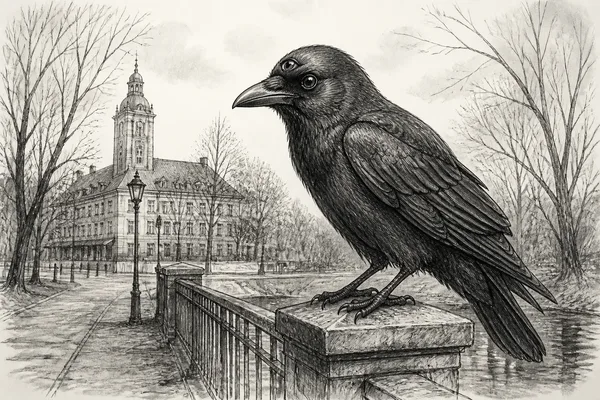 Schwarz-weiße Illustration: Die dreiaugige Krähe von Friedrichsfelde