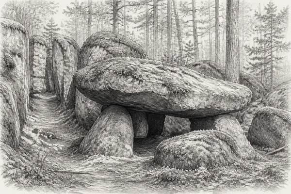 Schwarz-weiße Illustration: Druidenhain bei Wohlmannsgesees
