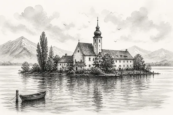 Schwarz-weiße Illustration: Fraueninsel und Kloster Frauenwörth