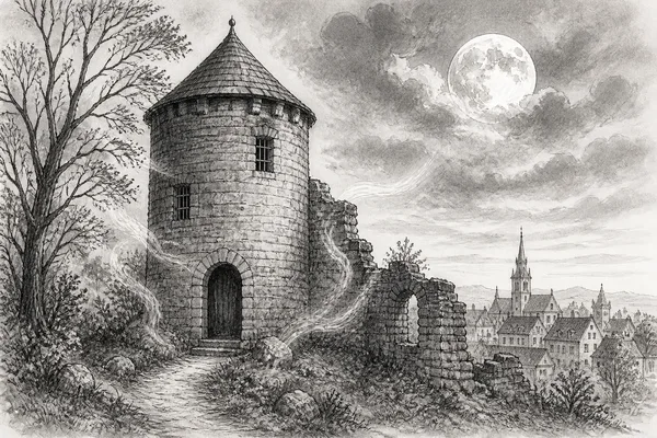 Schwarz-weiße Illustration: Das Flehen am Hexenturm in Geseke