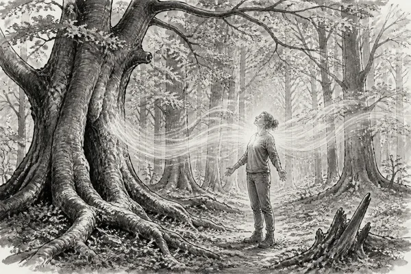 Schwarz-weiße Illustration: Der goldene Atem der Serrahner Buchen