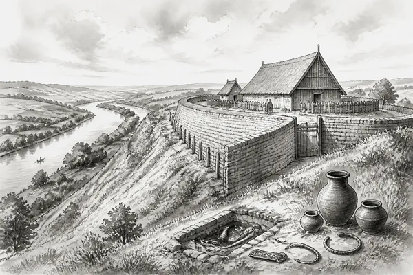 Schwarz-weiße Illustration: Heuneburg an der Donau