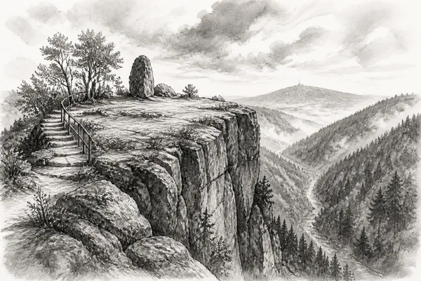Schwarz-weiße Illustration: Hexentanzplatz im Harz