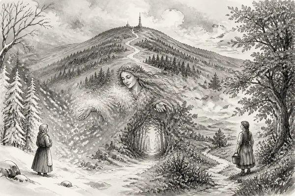 Schwarz-weiße Illustration: Hoher Meißner – Frau Holles Berg