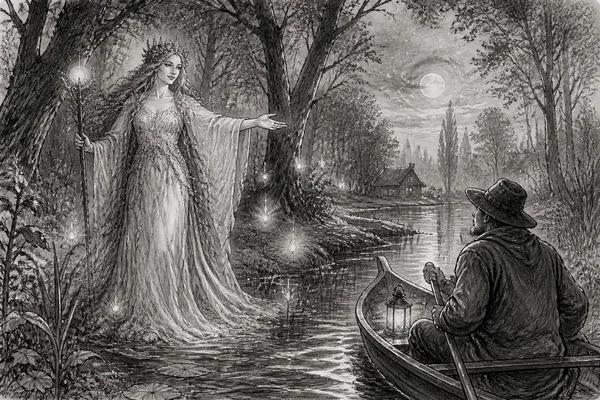 Schwarz-weiße Illustration: Die Irrlichterkönigin im Spreewald