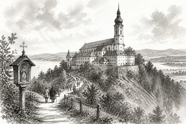 Schwarz-weiße Illustration: Heiliger Berg Andechs
