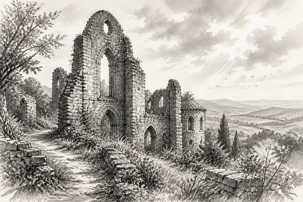 Schwarz-weiße Illustration: Klosterruine Disibodenberg