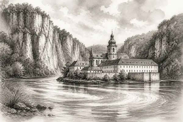 Schwarz-weiße Illustration: Kloster Weltenburg am Donaudurchbruch