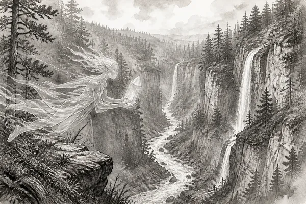 Schwarz-weiße Illustration: Die Kristallboten der Wutachschlucht