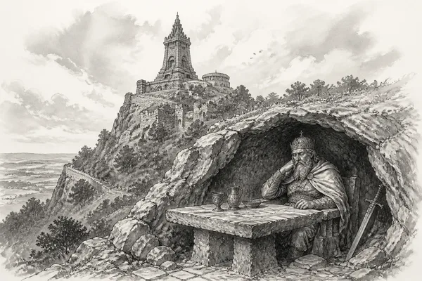 Schwarz-weiße Illustration: Barbarossas Schlaf im Kyffhäuser