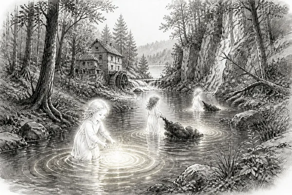 Schwarz-weiße Illustration: Die Lichtkinder vom Schlaubetal