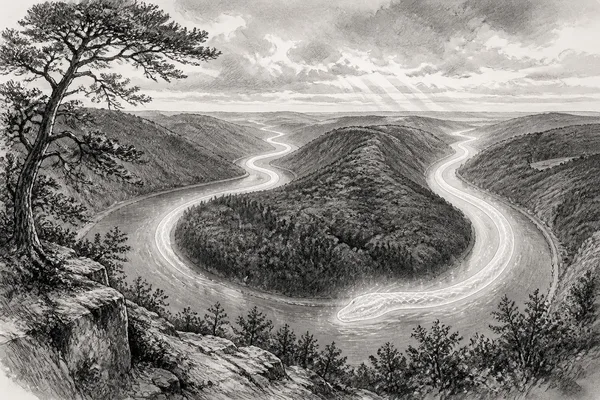 Schwarz-weiße Illustration: Die Lichtschlange über der Saarschleife